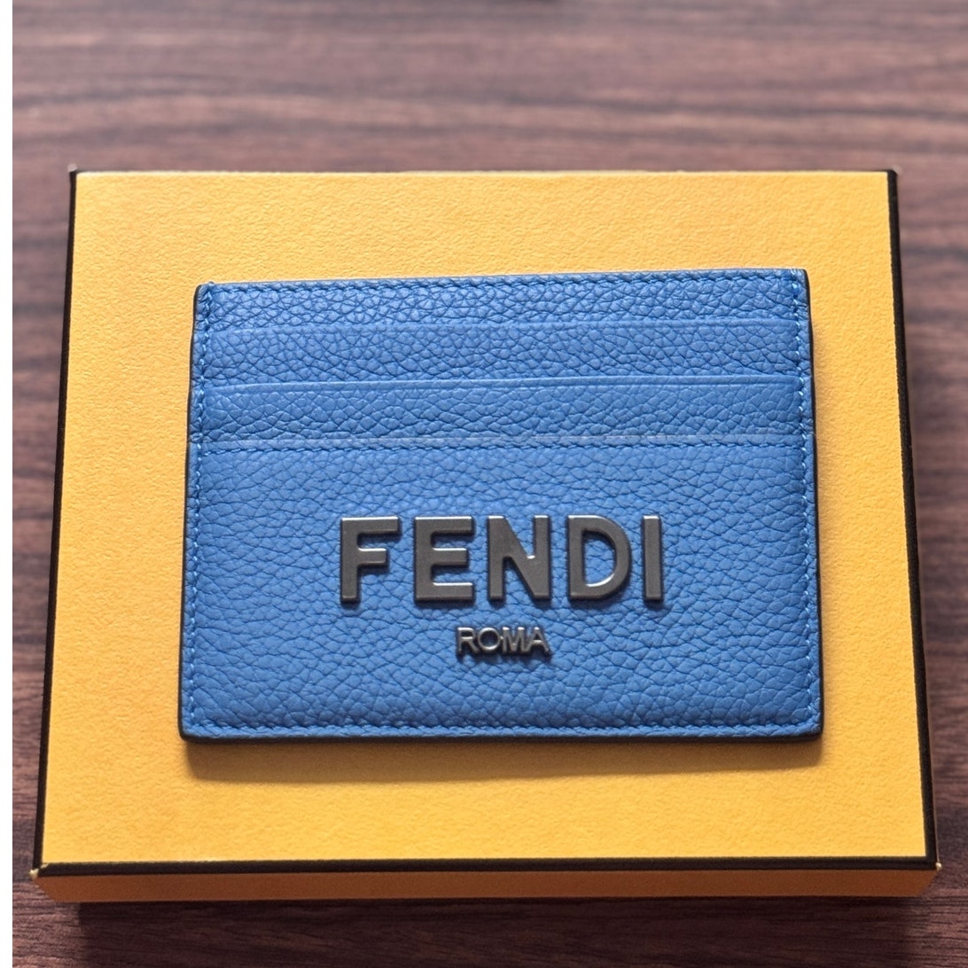 Fendi Signature Blue Fiordaliso Grained Leather Card Case Wallet